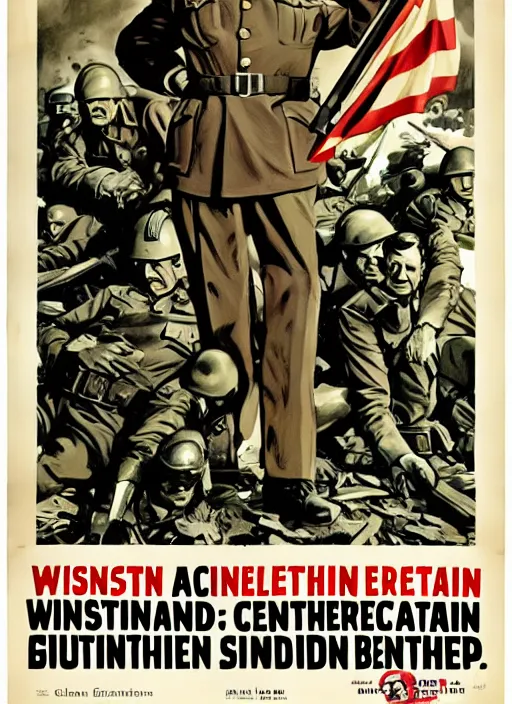 Prompt: winston churchill captain america standing on a pile of defeated, beaten and broken german soldiers. captain england wins wwii. brittish wwii propaganda poster by james gurney and pixar. overwatch.