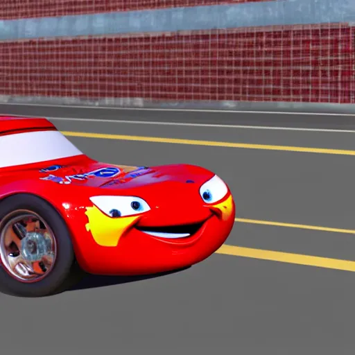 Image similar to lightning mcqueen after a fatal car accidend. rendered in 4 k with presto animation software.