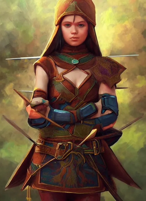 Image similar to hyper realistic painting, elf archer girl, elf armor, full body, rule of thirds, human proportion, good anatomy, beautiful face, conceptart, saturated colors, cinematic, artstation, pinterest, cgsociety