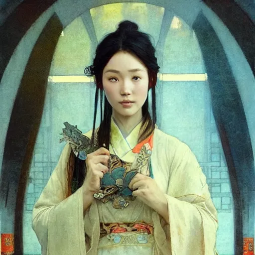 Prompt: Concept art, ancient Chinese girl, 8k, by james gurney, greg rutkowski, and john howe, background by alphonse mucha, artstation