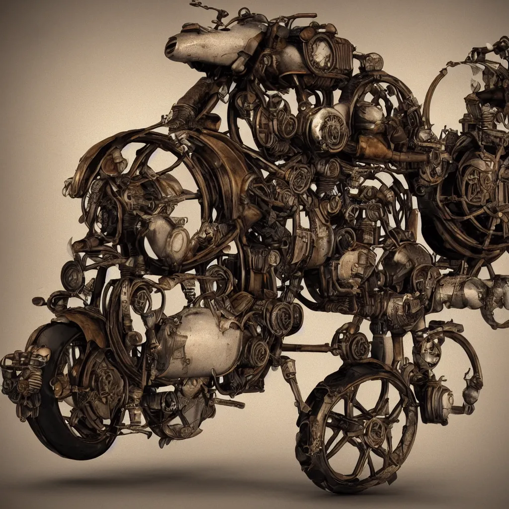 Image similar to steampunk style motorcycle, photorealistic, 3 d rendering, cute, unreal engine, bokeh