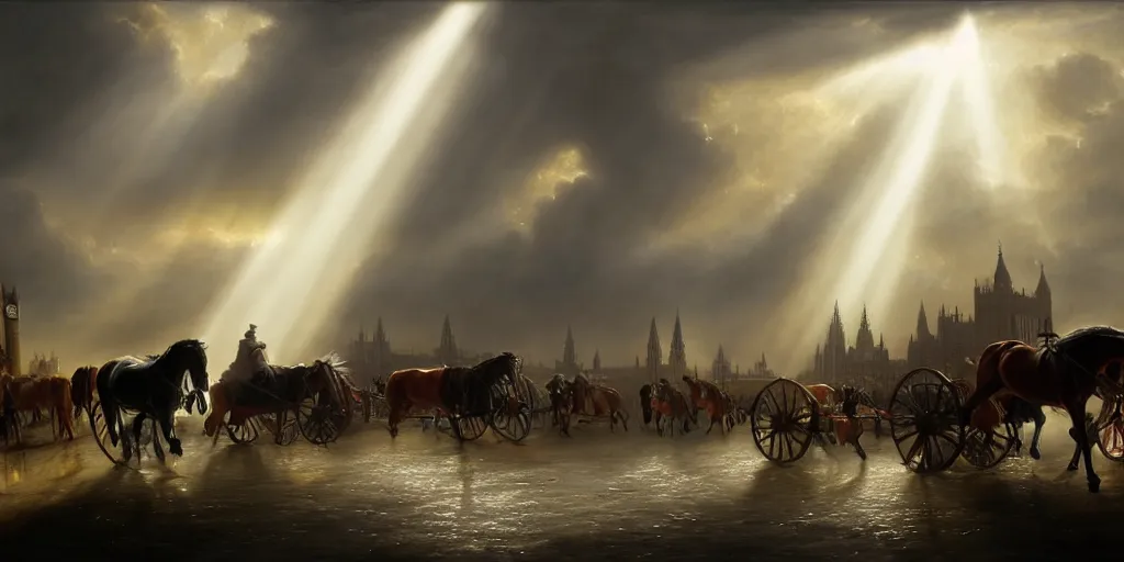 Image similar to 1 8 th century london, god rays, carriages with horses, digital art, landscape, fantasy art, octane render, ureal engine, high detail, very realistic, by greg rutkowski. by james gurney