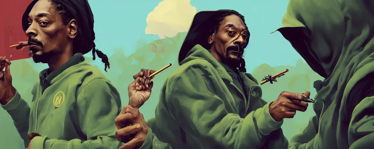 Prompt: duotone olive illustration 3 / 4 portrait of snoop dogg smoking joints with gandalf and elon musk composition accidental renaissance golden ratio. by sachin teng and sergey kolesov and ruan jia and heng z. graffiti art, scifi, fantasy, hyper detailed. octane render. concept art. trending on artstation