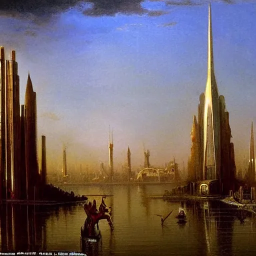 Image similar to a painting of a science fiction city filled with exotic market, tall towers inspired by tolkien, painted by bierstadt