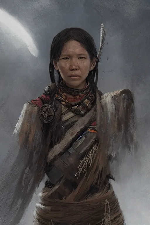 Image similar to a portrait of a tribal women a sci-fi weapon by Greg Rutkowski, Sung Choi, Mitchell Mohrhauser, Maciej Kuciara, Johnson Ting, Maxim Verehin, Peter Konig, final fantasy , mythical, 8k photorealistic, cinematic lighting, HD, high details, atmospheric,