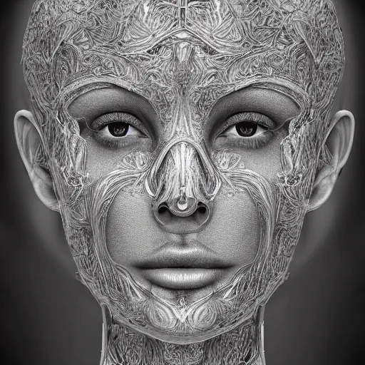 Image similar to face portrait of a beautiful woman, 150 mm, anatomical, flesh, flowers, mandelbrot fractal, veins, arteries, symmetric, intricate, golden ratio, full frame, microscopic, elegant, highly detailed, ornate, ornament, elegant , luxury, beautifully lit, ray trace, octane render in the style of peter Gric , alex grey and Romero Ressendi