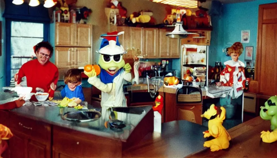 Image similar to 1 9 9 0 s candid 3 5 mm photo of a beautiful day in the family kitchen, cinematic lighting, cinematic look, golden hour, an absurd costumed mascot from the jimbles the super pony showing the kids how to build time machine, the kids are hungry but jimbles is showing them how to make a time machine to time travel, uhd