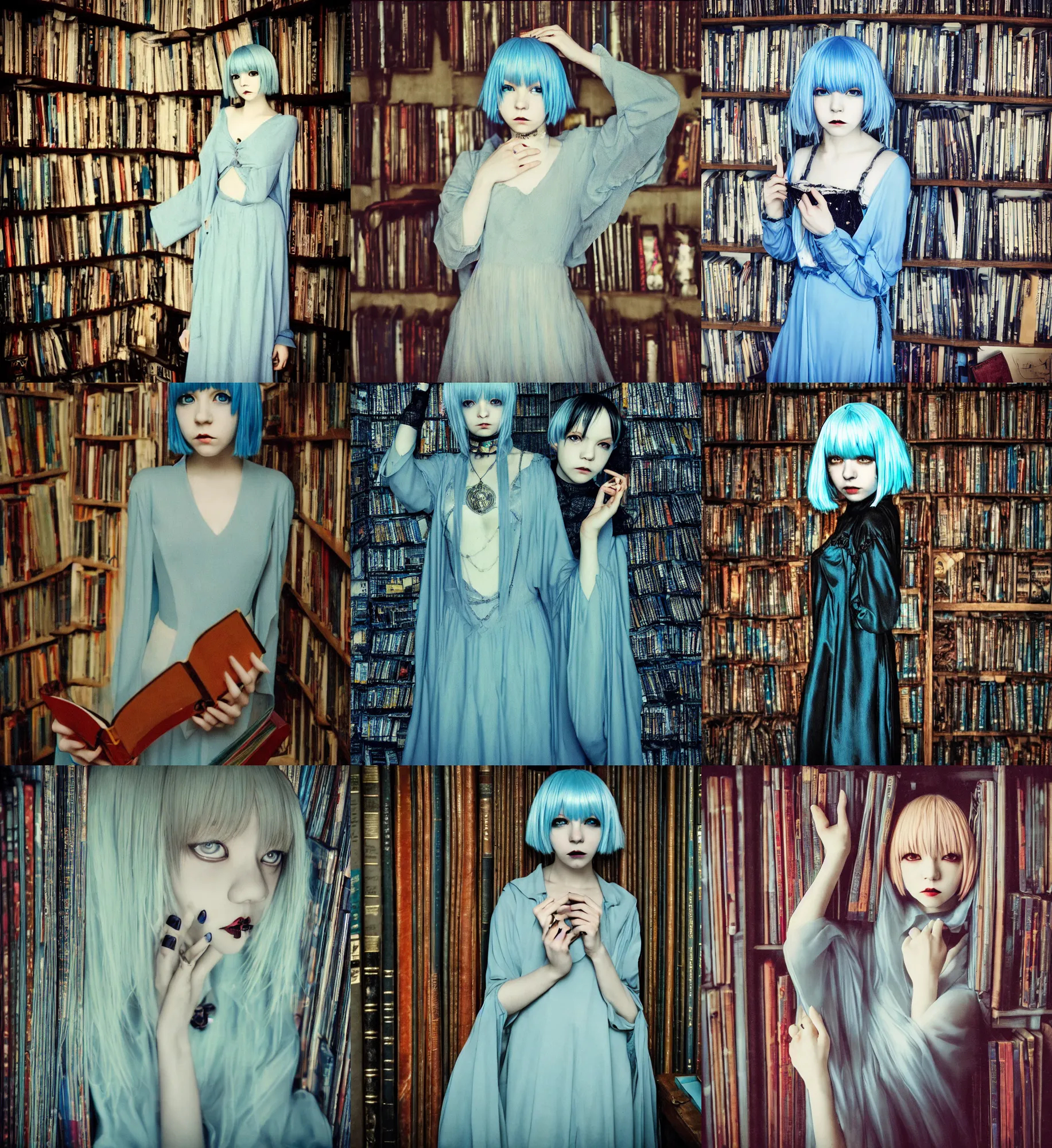 Prompt: lomography, full body portrait photo of women like reol dressed like wizards in a library, open books, moody, realistic, dark, skin tinted a warm tone, gothic, gustav klimt light blue filter, hdr, rounded eyes, detailed facial features,