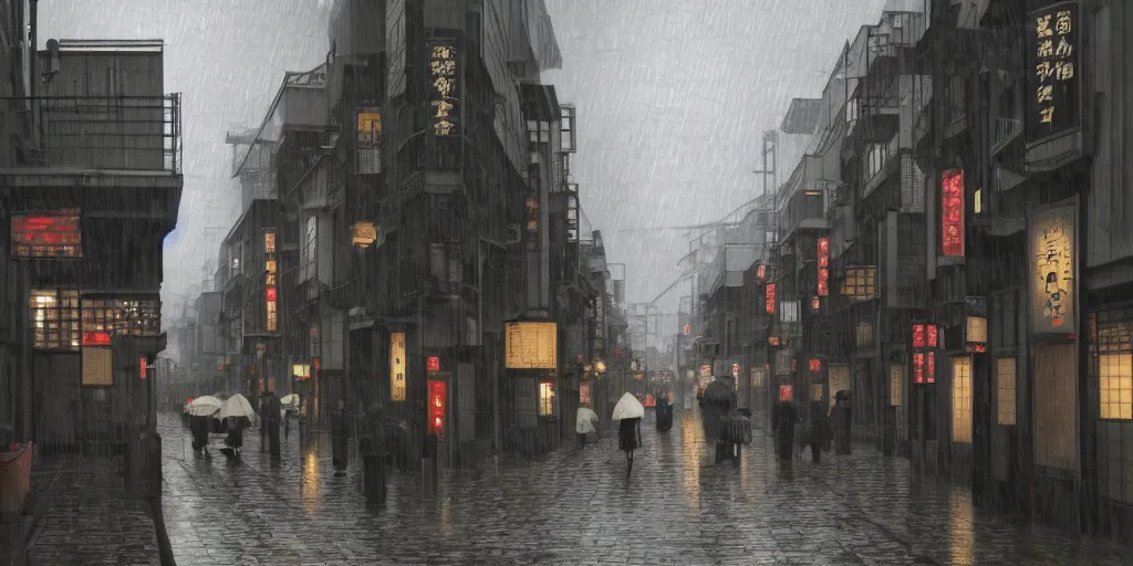 Image similar to a typical japanese city street in the rain, vermeer painting, dark academia aesthetic, matte painting, photorealistic, grey overcast day