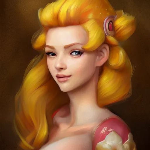 Prompt: princess peach as realistic blond human character art portrait, matte fantasy painting, deviantart artstation, by jason felix by steve argyle by tyler jacobson by peter mohrbacher, cinema c 9. 0