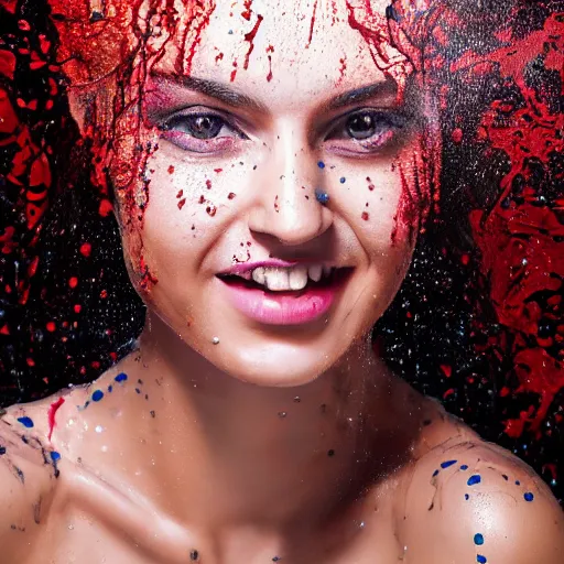 Prompt: potrait of a female model get splash with paint liquid , commercial ads