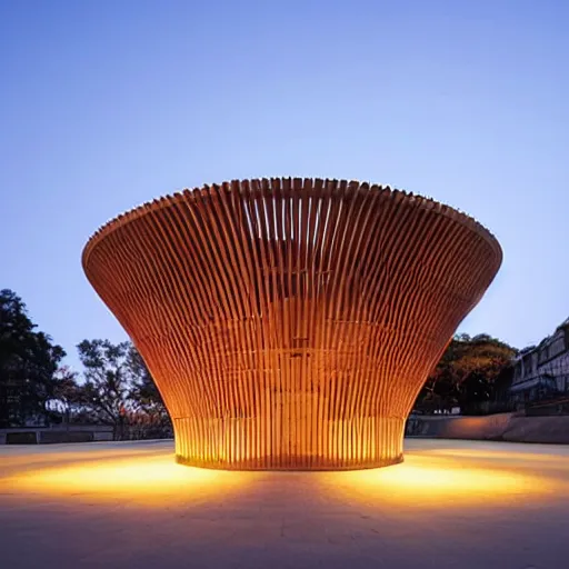 Prompt: a circular pavillion made from beautiful wood, by shigeru ban, circular steps, central arena, glowing, great architecture, outside view, magazine photography, clean design, minimalistic, ambient beautiful light