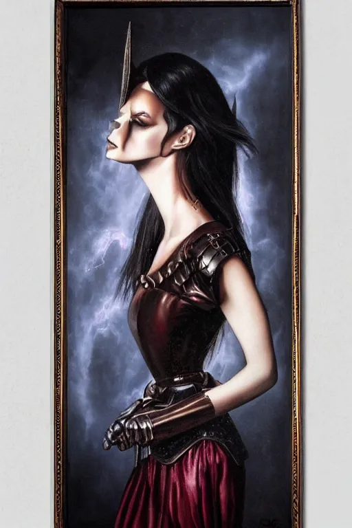 Image similar to hyperrealism oil painting, close - up portrait of european medieval brunette vampire fashion model, knight, steel gradient mixed with nebula sky, in style of baroque