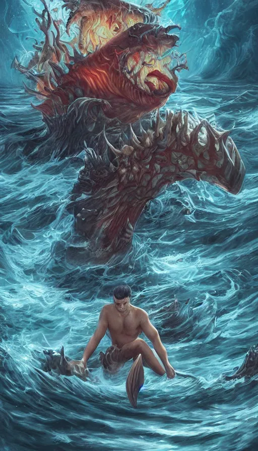 Prompt: man on boat crossing a body of water in hell with creatures in the water, sea of souls, by artgerm