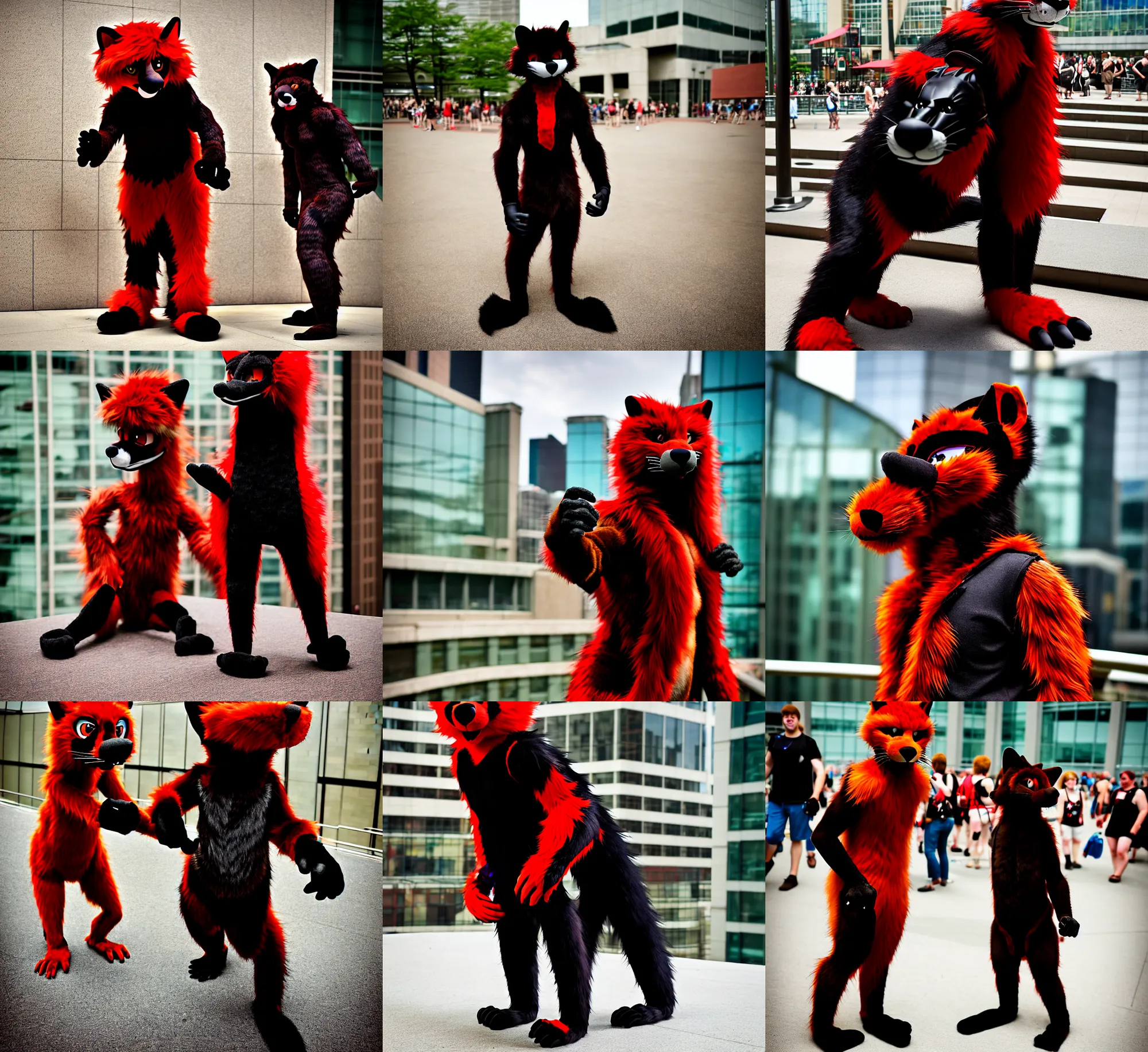 Prompt: fullbody photoshoot photo portrait of a roguish male red - black furred bipedal weasel furry fursona / fursuiter, photorealistic, taken at anthrocon ( furry convention )