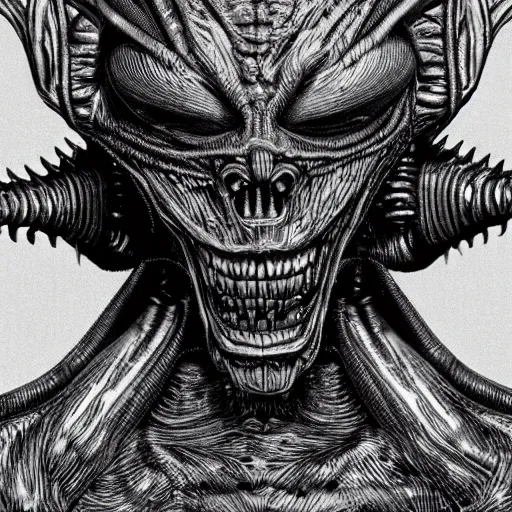 Image similar to space alien, slimy, glossy, sharp teeth, by h. r. giger, nightmare fuel, nightmarish, intricate, highly detailed, optical illusion, stranger things demogorgon, cave lighting, flickering