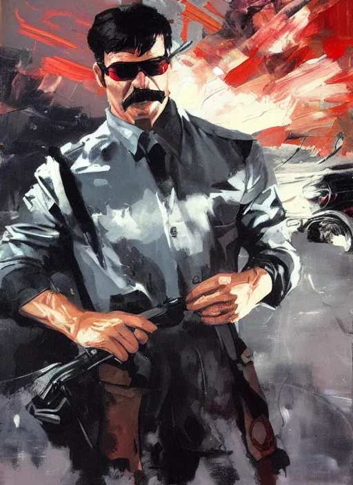 Prompt: dr. disrespect, driving car, reckless, painting by phil hale, fransico goya,'action lines '!!!, graphic style, visible brushstrokes, motion blur, blurry, visible paint texture, crisp hd image