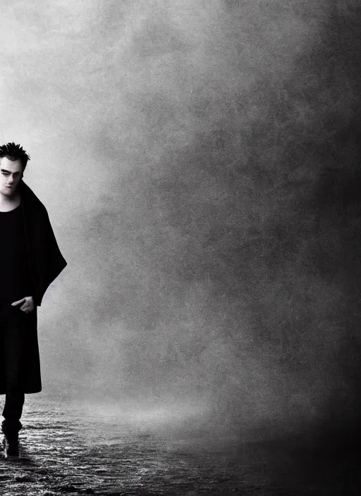 Prompt: well - shaven robert pattinson, black outfit, cape, in the style of robert pattinson, sandman, misty endless dream cinematic background, netflix sandman