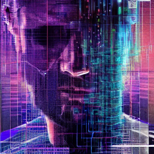 Prompt: hyperrealistic portrait of a cyberpunk man, adult man, long hair, immersed within a network, glitch eyes, by Guy Denning, Johannes Itten, Derek Gores, Russ Mills, glitch art, smooth lines, fine detail, polished, complex, hacking effects, holographic, digital tech effects, blue and violet, color blocking!, realistic, acrylic on canvas, concept art, abstract!, symmetrical, 8k, concept art, octane, photorealistic, cgsociety, trending on artstation