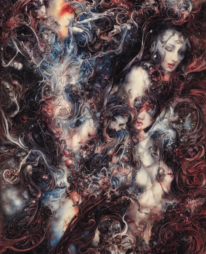 Prompt: an eternal cosmic goddess of death, woman beauty by Ayami Kojima, Amano, Karol Bak, Greg Hildebrandt, and Mark Brooks, rich deep colors. Beksinski painting, part by Adrian Ghenie and Gerhard Richter. art by Takato Yamamoto. masterpiece . intricate artwork by Tooth Wu and wlop and beeple, greg rutkowski, very coherent symmetrical artwork, cinematic, hyper realism, high detail, octane render, unreal engine, 8k, Vibrant colors, Smooth gradients, High contrast, depth of field. by Katsuhiro Otomo, full body character drawing, inspired by Evangeleon, clean ink detailed line drawing, intricate detail, extremely detailed. painting by Arthur Rackham, Eugene de Blaas, Frederic Leighton