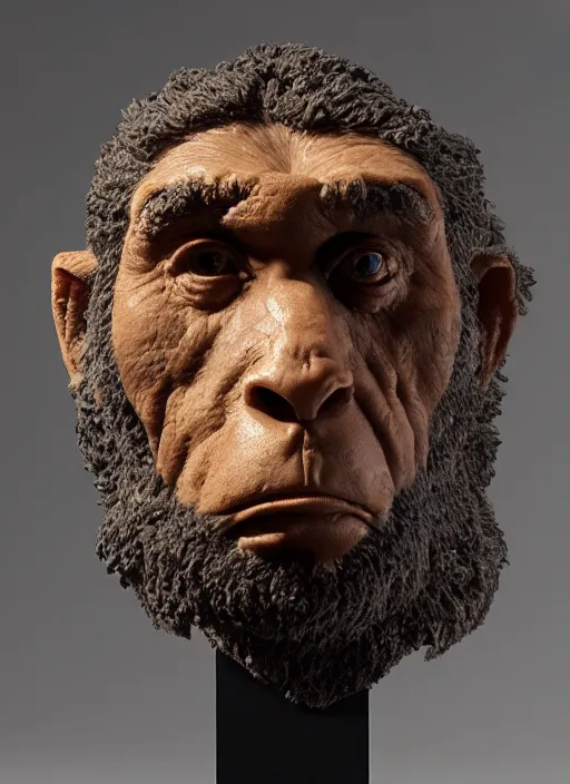 Image similar to a bust sculpture of a neandertal with feline features, ceramic base, front view, studio lighting, expresive