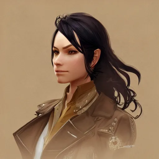 Image similar to a head and shoulders portrait with short black hair in a tan trenchcoat, from Final Fantasy XIII, retro, smooth, sharp focus, intricate, artstation, detailed concept art by Rutkowski and Mucha and sky sewa and Marc Simonetti