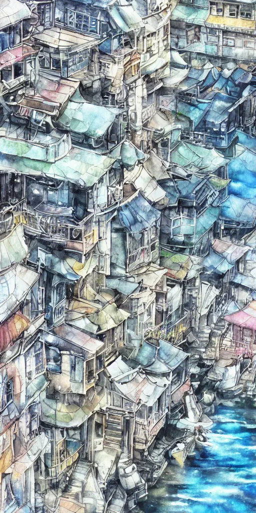 Prompt: hyper realistic manga city water color