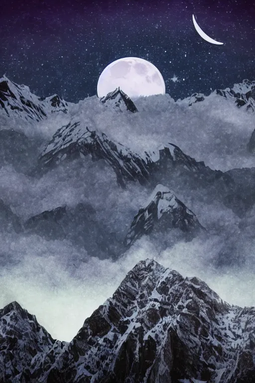 Image similar to digital matte fantasy dreamy mountain scape dark tones snow, crescent moon, wolf, 8 k by alex grey