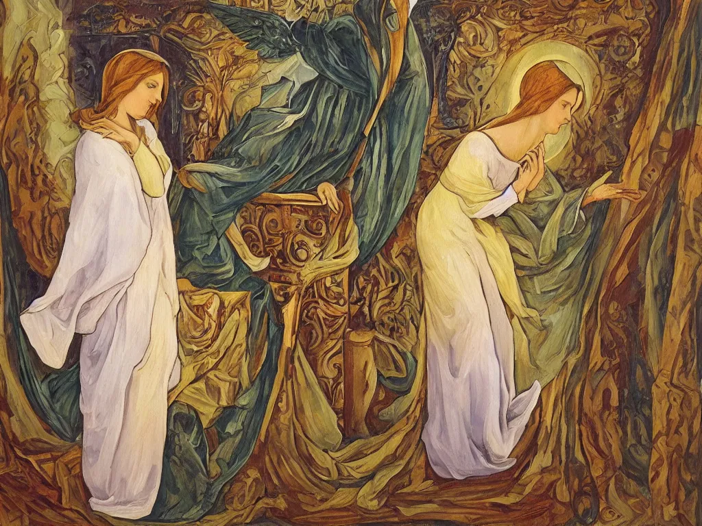 Prompt: oil painting of the annunciation in an art nouveau style