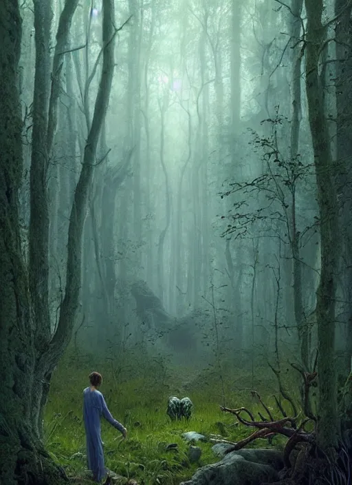 Prompt: hyper realistic eerie aylum far away in the woods, gorgeous lighting, blue sky, highly detailed, lush forest by zdzisław beksinski and norman rockwell and greg rutkowskiweta studio, and lucasfilm