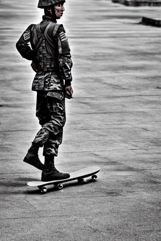 Image similar to vietnam soldier with skateboard, photography, pulitzer style, hyperrealistic, vogue magazine photo style, dynamic composition, intricate, comfort posse, smooth, sharp focus, captured by nikon d 8 5 0, 4 k, full body. by daniel berehulak