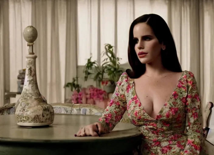 Image similar to Movie still of Lana del Rey wearing Kebaya sitting on a table, directed by Wes Anderson