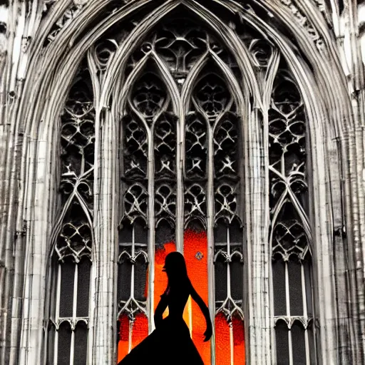 Image similar to a gothic cathedral with orange flames reflected into its windows, a gothic girl dressed in black, macro head, perfect face, detailed intricate arabesque dress