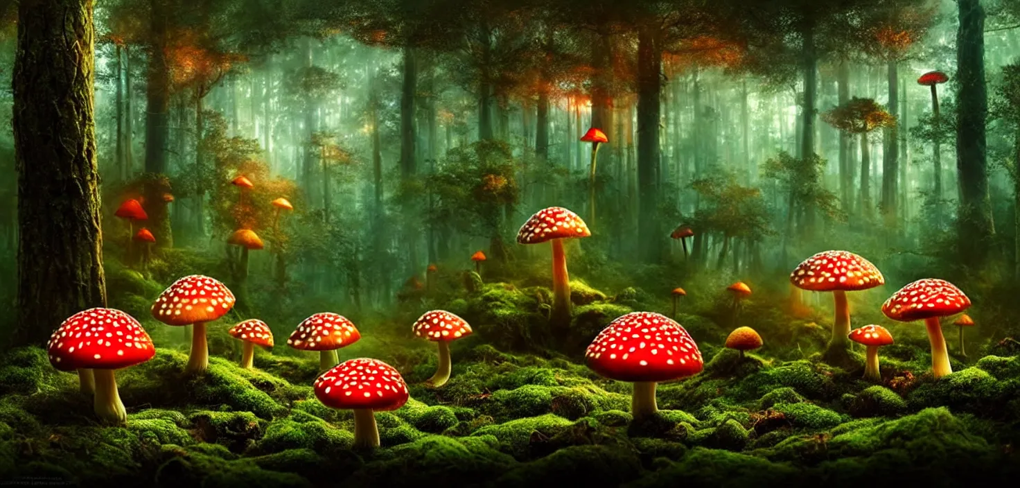 Prompt: magic mushrooms fly agaric in the forest, a fabulous thicket of the forest. glowing mushrooms fantasy moss, cinematic view, epic sky, detailed, concept art, low angle, high detail, warm lighting, volumetric, godrays, vivid, beautiful, trending on artstation, by jordan grimmer, huge scene, grass, art greg rutkowski