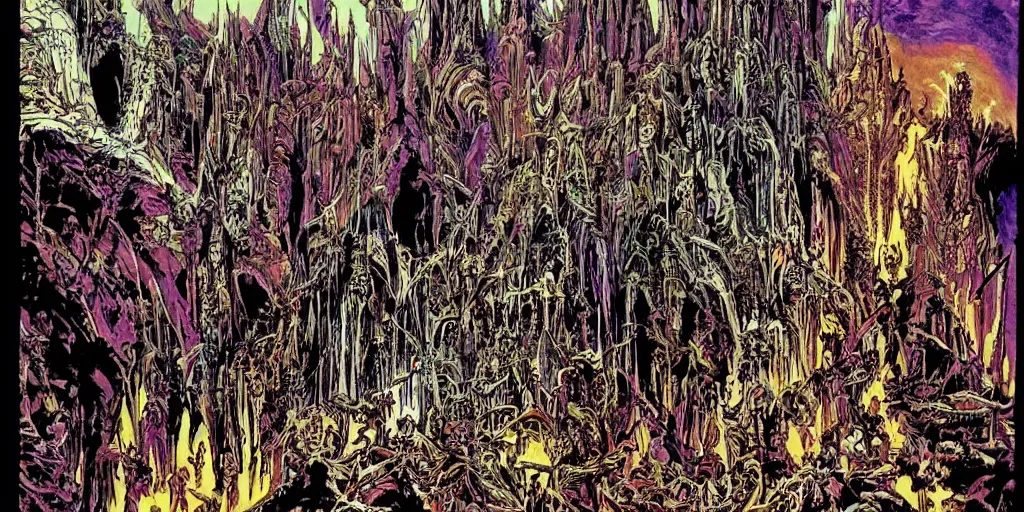 Prompt: scifi gothic castle bustling with orcs and elven mystics, by philippe druillet, psychedelic colors