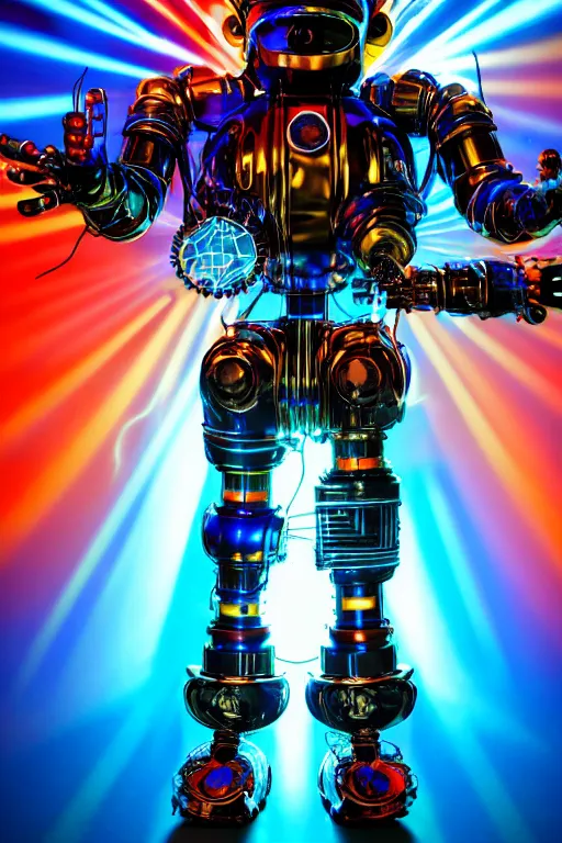 Prompt: portrait photo of a giant huge golden and blue metal humanoid steampunk robot singer with multicolored microphones and big gears and tubes, a red glowing microphone, blue headphones, eyes are glowing red lightbulbs, shiny crisp finish, 3 d render, 8 k, insaneley detailed, fluorescent colors, background is multicolored lasershow