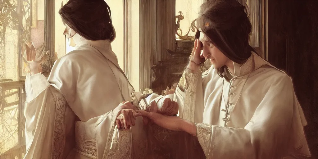 Image similar to photography of a pope making touching a sensual woman in a bedroom, deep focus, intricate, elegant, highly detailed, digital painting, artstation, concept art, matte, sharp focus, illustration, art by artgerm and greg rutkowski and alphonse mucha