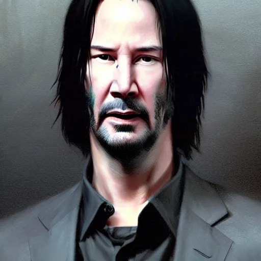 Image similar to keanu reeves, matrix movie, hyperrealism, no blur, 4 k resolution, ultra detailed, style of greg rutkowski, zac retz, kawase hasui, carlos schwabe, eddie mendoza, ryan dening,