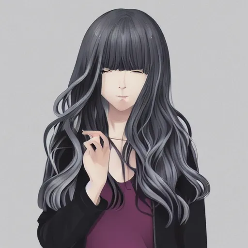 Prompt: young woman with long wavy light silver hair, with blackness instead of eyes, anime