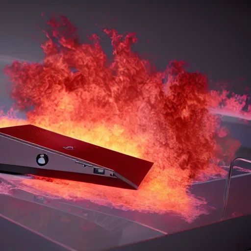 Image similar to Xbox console in fire, 3d, realism