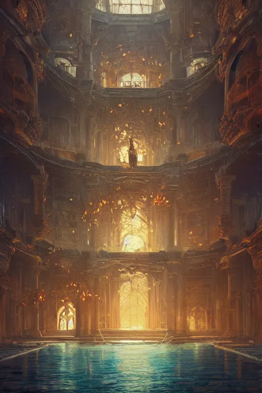 Image similar to inside of an atlantis palace, intricate, elegant, volumetric lighting, digital painting, highly detailed, artstation, sharp focus, illustration, concept art, ruan jia, steve mccurry