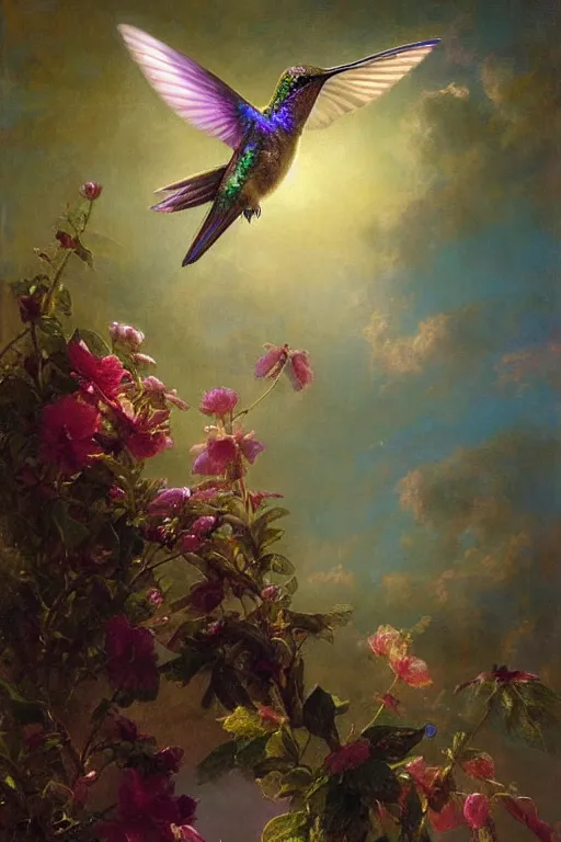 Prompt: hummingbird sipping nectar from flowers, open wings, iridescent metallic feathers radiant light, caustics, heroic, bright iridescent light, by gaston bussiere, bayard wu, greg rutkowski, maxim verehin bloom dramatic lighting