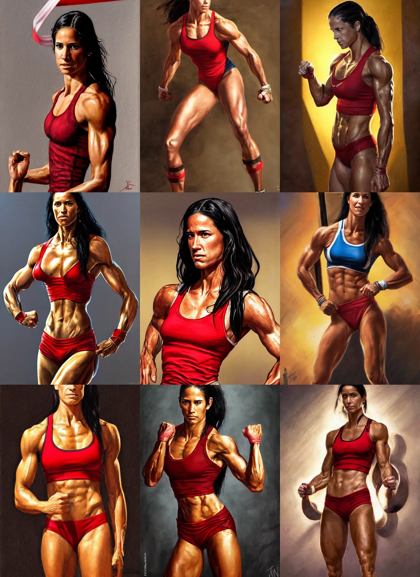 Prompt: a portrait of allison stokke, muscular, wearing red tanktop with gold lining, white bandages on fists, black hair, short - medium length hair, serious, style by donato giancola, wayne reynolds, jeff easley dramatic light, high detail, cinematic lighting, artstation, dungeons and dragons