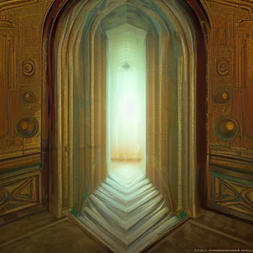 Image similar to a painting of a doorway in a building, a raytraced image by Mikalojus Konstantinas Čiurlionis, polycount, metaphysical painting, hall of mirrors, egyptian art, concept art