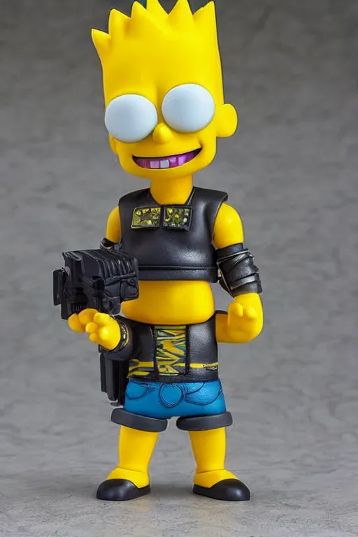 Image similar to collectable cyberpunk bart simpson fantasy statue, d & d, pathfinder nendoroid, funko pop, resin statue, artstation, pinterest, etsy, detailed product photo, 3 / 4 dynamic pose