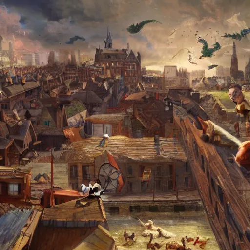 Prompt: a highly detailed oil painting of a giant cat smashing houses, renaissance, bystanders watching from the sides, 4 k, by ariduka 5 5, monokubo, artstation,