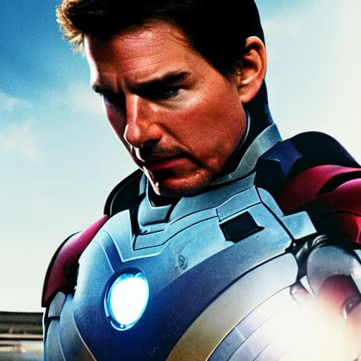 Image similar to A photo of Tom Cruise as Ironman, head shoot, promo shot, highly detailed, sharp focus, kodak film, outdoor, dynamic lighting