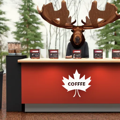 Image similar to a moose with maple leaf antlers selling coffee at a stand, realistic, 8 k