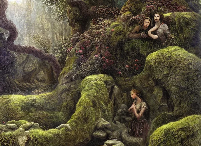 Image similar to jim henson's labyrinth. carved stone overgrown with moss. stonewalls creatures, plants, and social situations will be easier. by edgar maxence and caravaggio and michael whelan and delacroix style, artistic, intricate painting, cinematic lighting, hyper realistic, extremely detailed, 8 k resolution, establishing shot, dramatic lighting