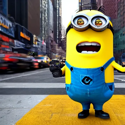 Image similar to 4 k photo of a giant minion walking in new york city, tourists are running in fear